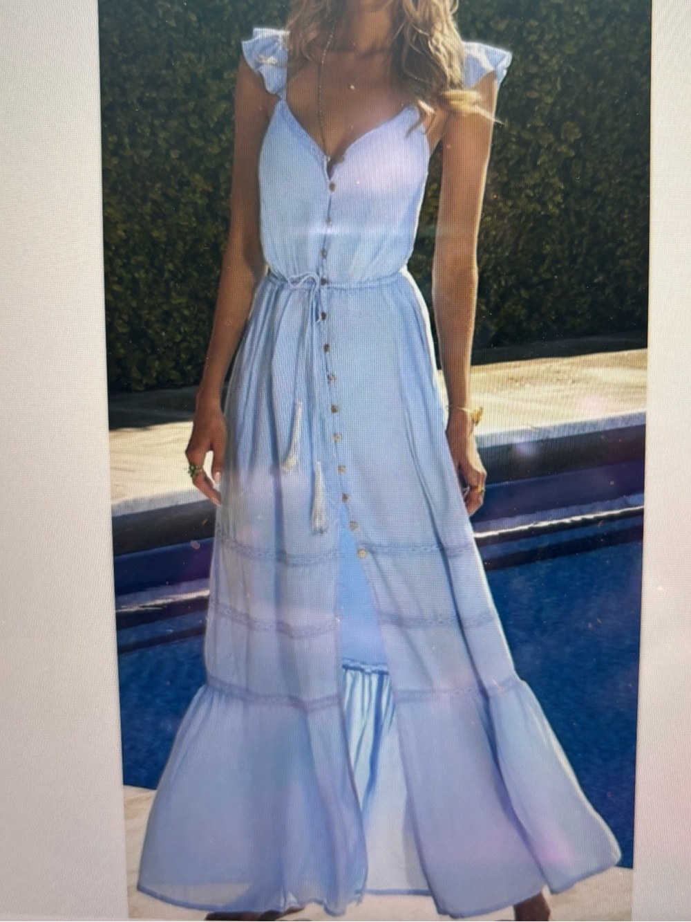 Melissa Odabash Light Blue Ruffle-Shoulder Button-Front Maxi Dress